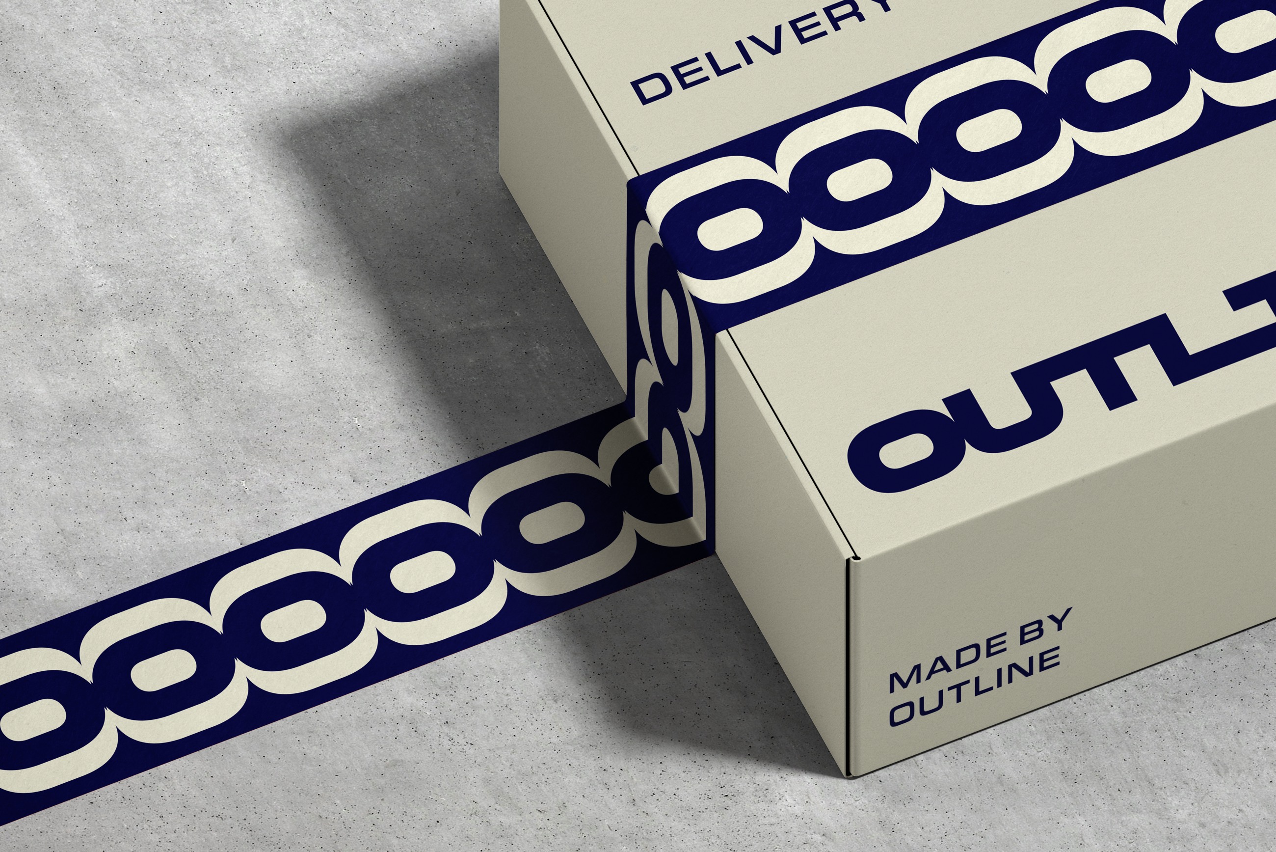 Navy graphic repeated across tape on a cream package
